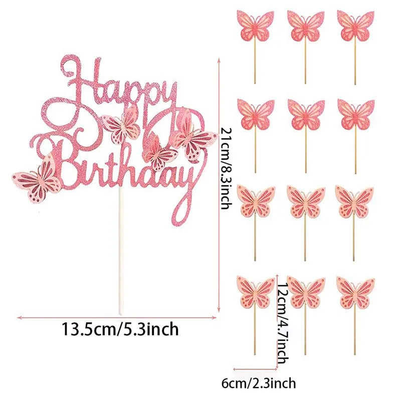 13pcs Pink Butterfly Cake Toppers Happy Birthday Cake Topper 3D Butterfly Decorations for Girls Shower Birthday Cake Decorations