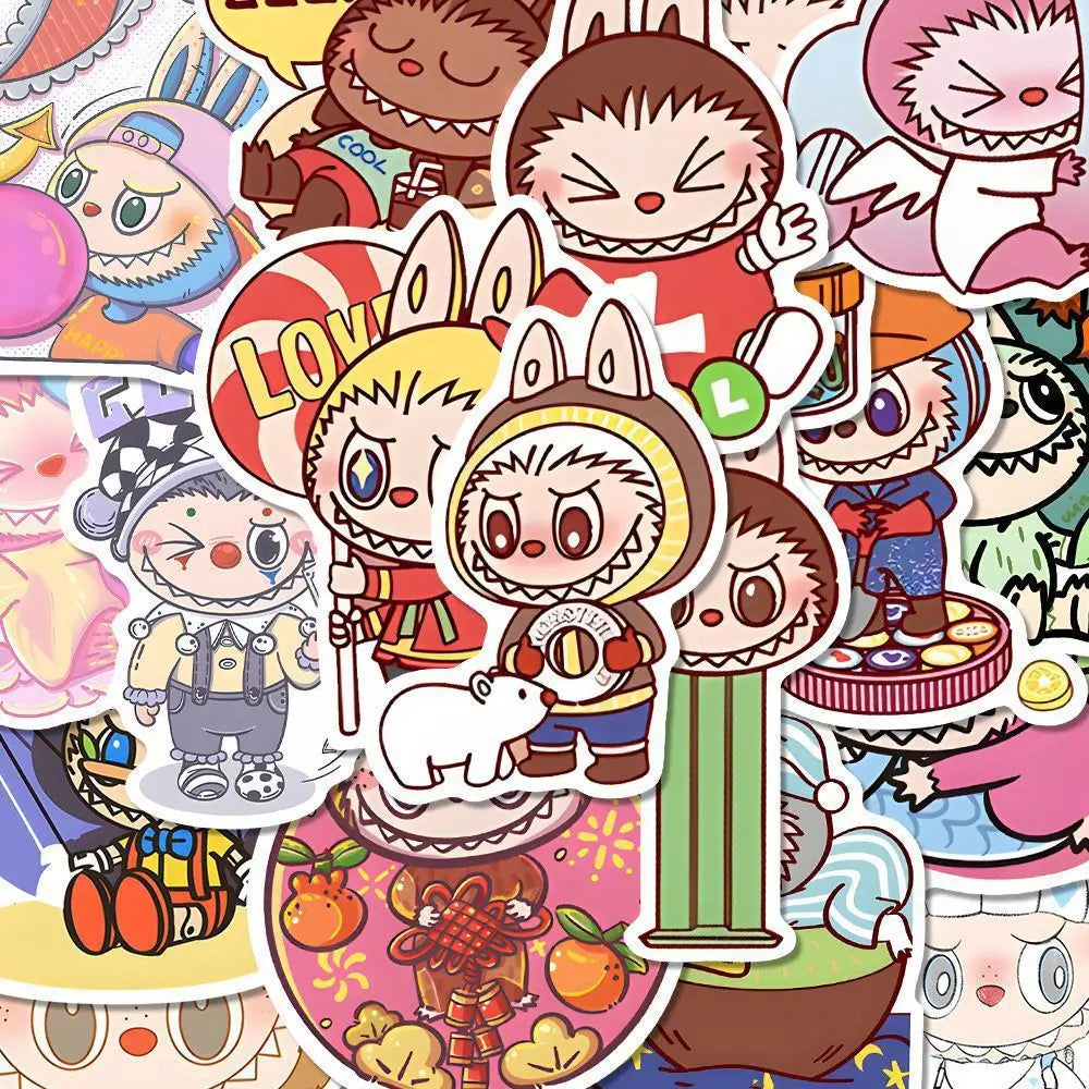 80Pcs 2024 New Labubu Monster Cartoon Waterproof Stickers Pack Cute Water Bottle Laptop Skateboard Scrapbook Anime Accessories