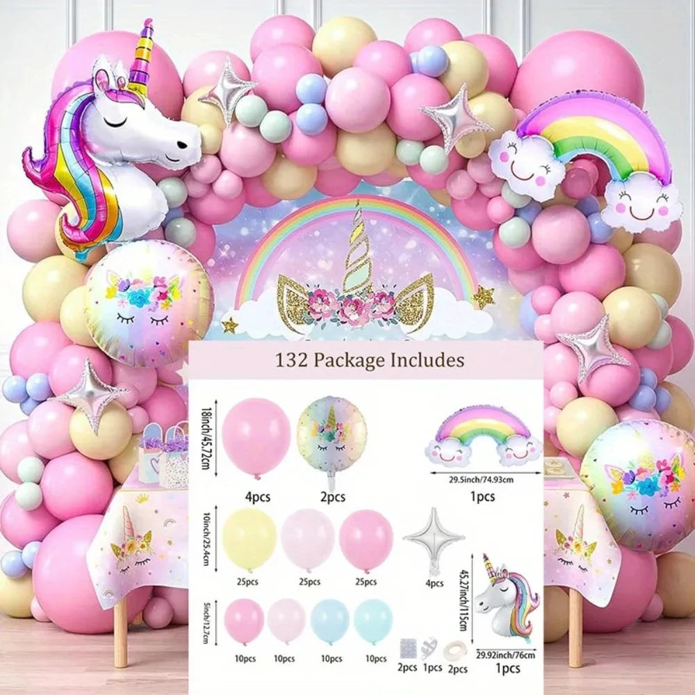 132Pcs Rainbow Unicorn Balloon Arch Flower Ring Set, Used for Summer Party Decoration and Birthday Party Decoration Supplies