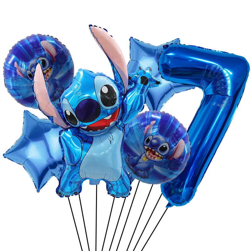 6 Pcs Blue Stitch Foil Balloons Set Digit 1-9 Years Old Balloons Cartoon Stitch Themed Baby Shower Kids Birhday Party Decoraions