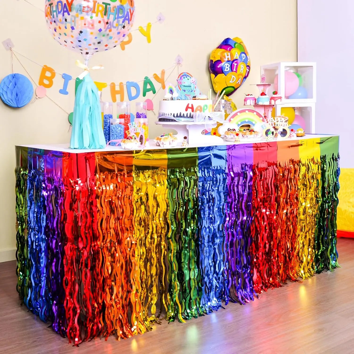 Wavy Metallic Tinsel Foil Fringe Rainbow Table Skirts Table Decors for Birthday Wedding Bridal Shower Unicorn Pride Party Decor