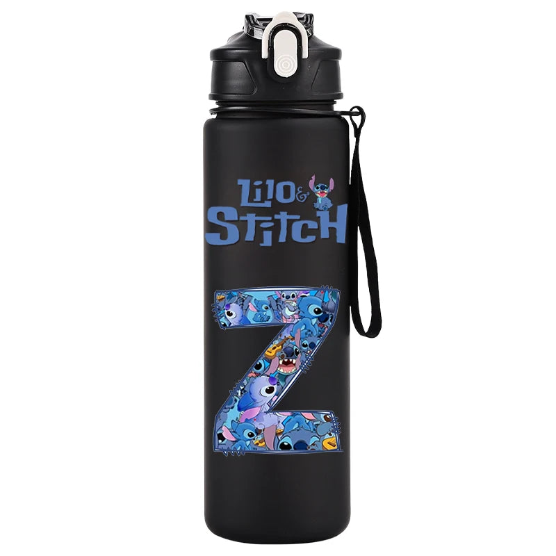 750ml Water Bottle Letter A-Z Printed Lilo Stitch Black Large Capacity Drinking Cup Portable Outdoor Sport Water Cup Kid Gifts