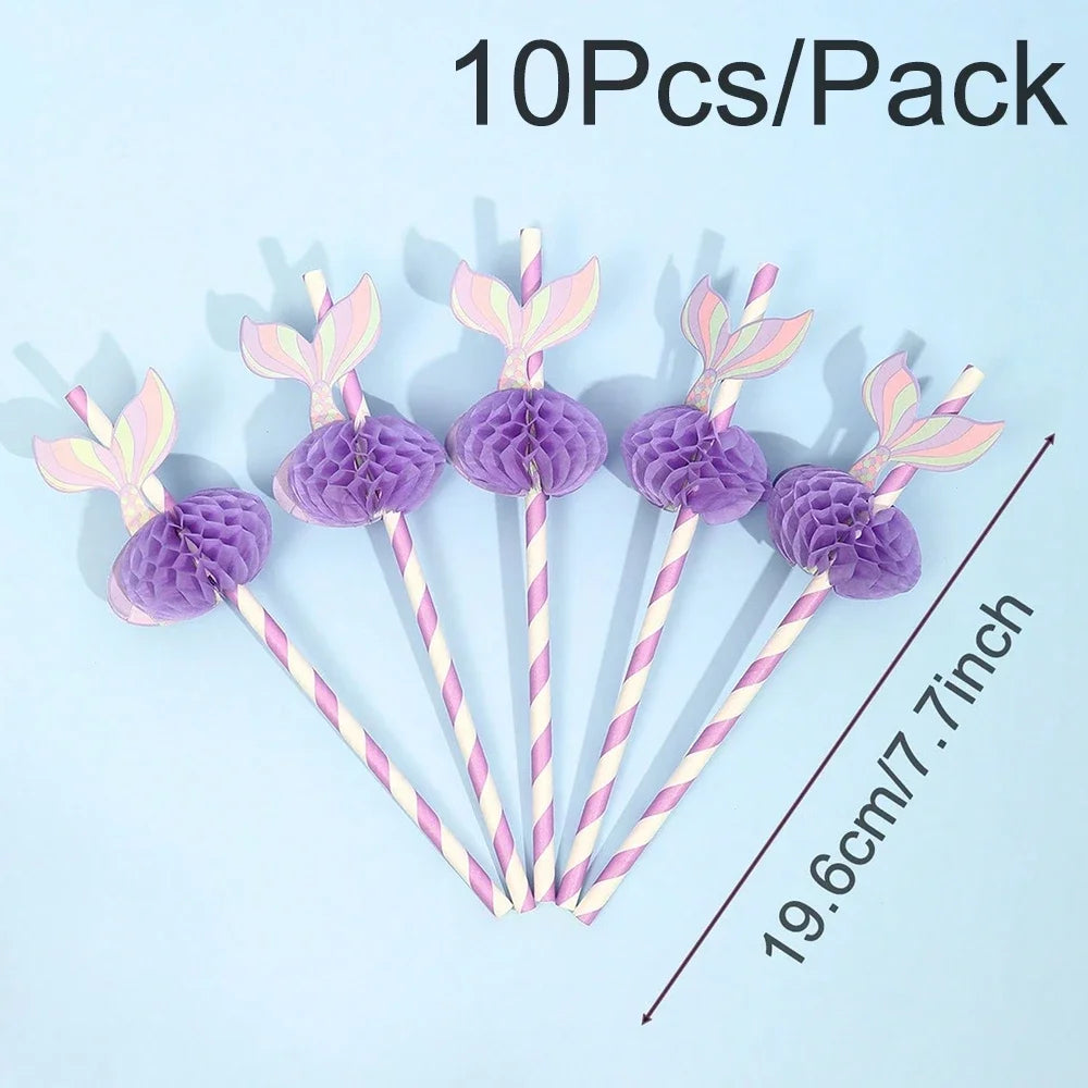 10pcs Purple Mermaid Paper Honeycomb Ball Straw Girls Mermaid Birthday Baby Shower Party Under The Sea Party Supplies Kids Favor