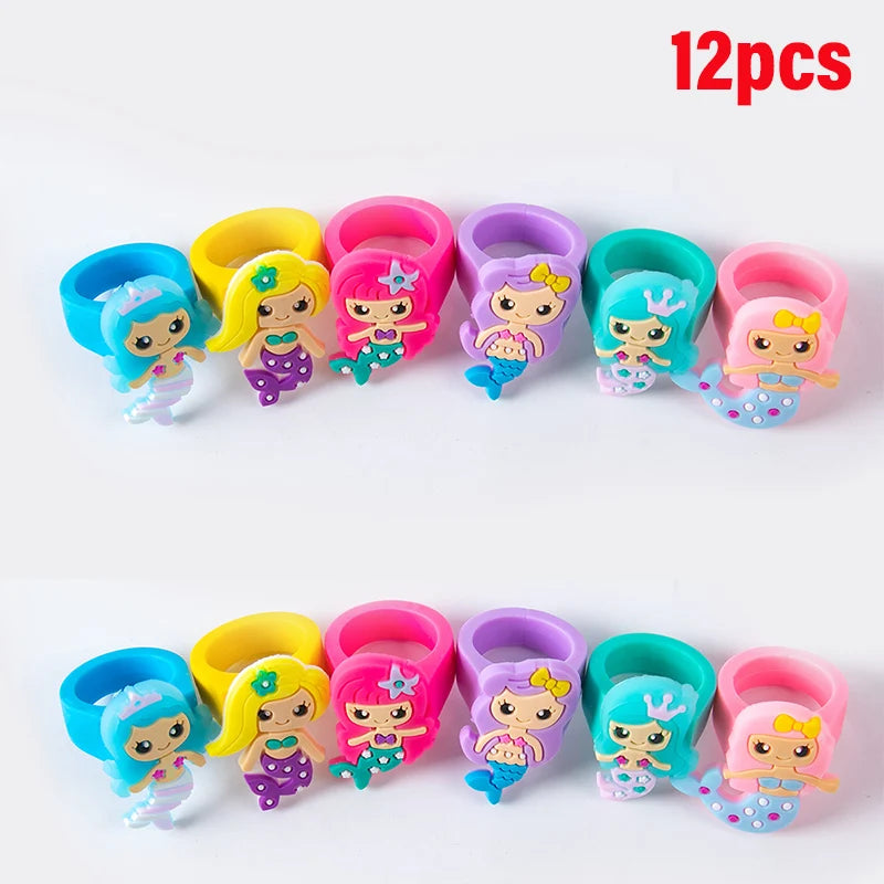 12pcs Cartoon Mermaid PVC Finger Ring Mermaid Theme Girls 1st 2th 3st Birthday Party Favors Little Mermaid Party Kids Gift