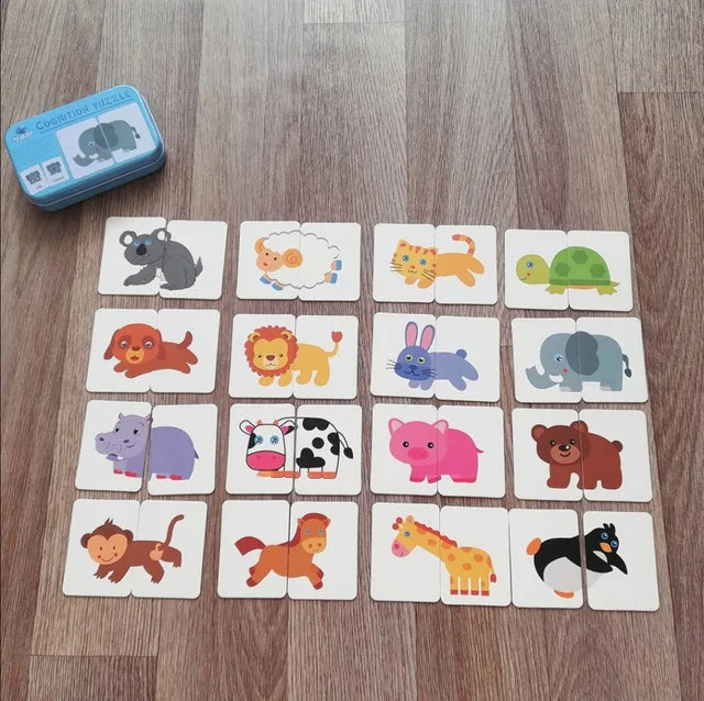 Baby Cognition Puzzle Toys Toddler Kids Iron Box Cards Matching Game Cognitive Card Car Fruit Animal Life Puzzle
