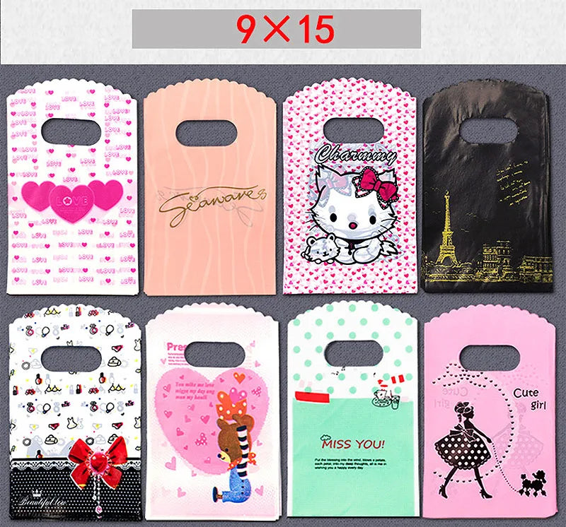 50pcs/lot Various Patterns Jewelry Plastic Bag Heart-Shaped Oval Handles Mini Gift Packing Bag Store Small Shopping Bags