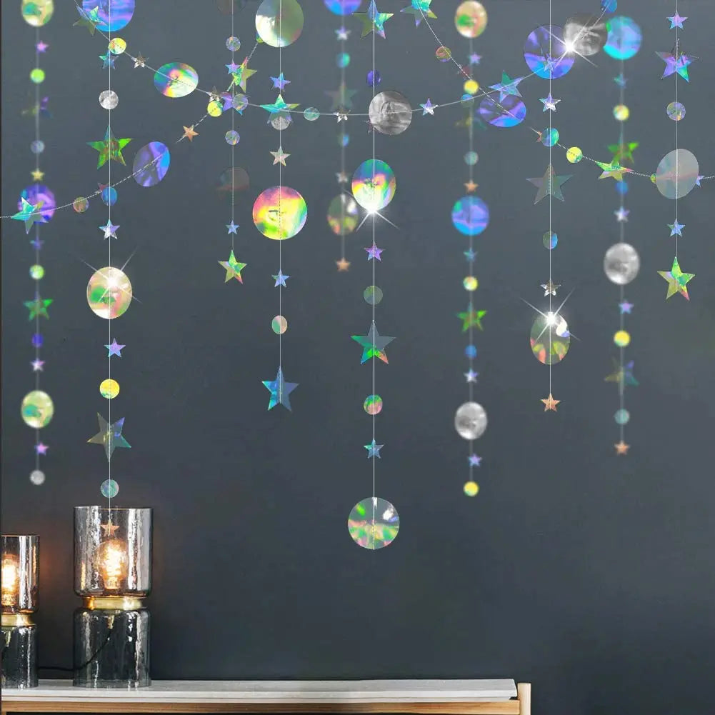 Iridescent Paper Leaf Snowflakes Garland Mermaid Birthday Tea Party Hanging Leaves Star Streamer Xmas New Year Banner Decoration