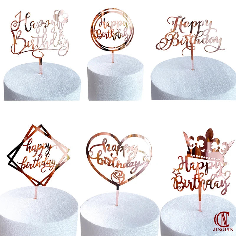 Rose Gold Birthday Party Cake Decorating Tools Happy Birthday Girl Boy Acrylic Cake Topper Baby Shower Dessert Accessories Tools