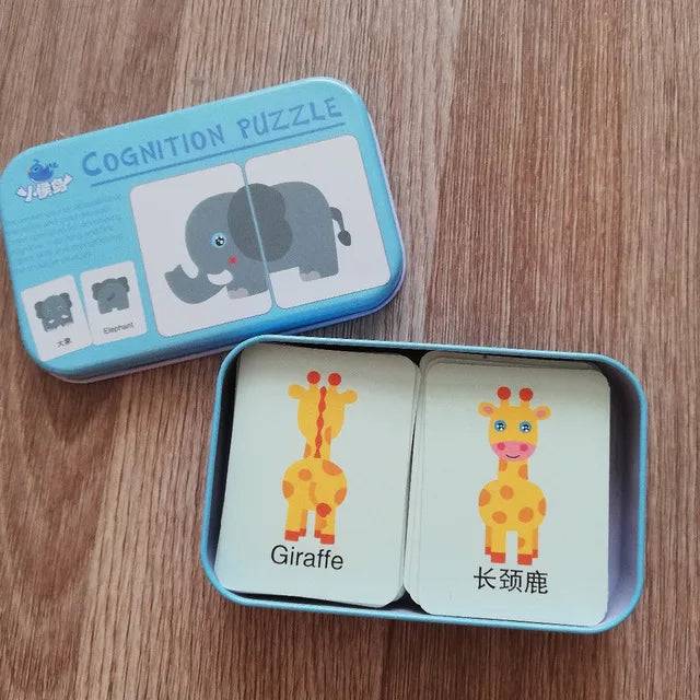Baby Cognition Puzzle Toys Toddler Kids Iron Box Cards Matching Game Cognitive Card Car Fruit Animal Life Puzzle