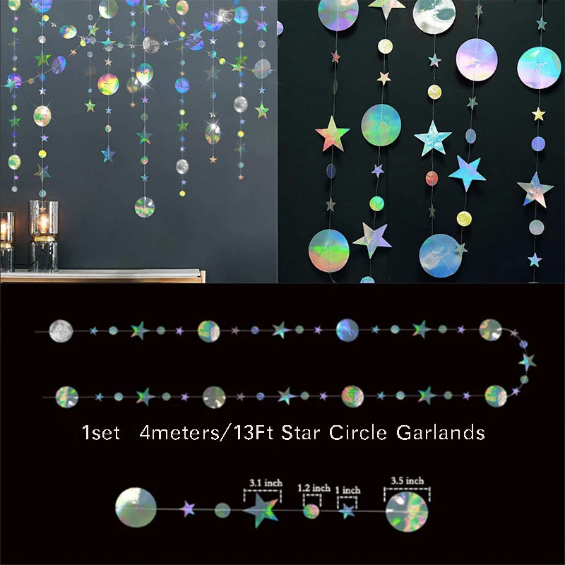 Iridescent Paper Leaf Snowflakes Garland Mermaid Birthday Tea Party Hanging Leaves Star Streamer Xmas New Year Banner Decoration