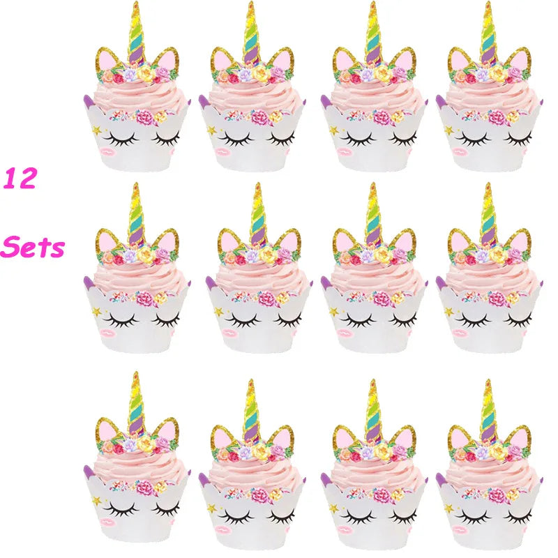 Rainbow Unicorn Cupcake Wrappers Cake Topper Unicorn Birthday Party Cake Decorations Kids Baby Shower Unicorn Party Supplies