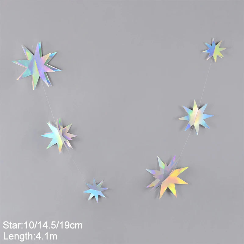 Iridescent Paper Leaf Snowflakes Garland Mermaid Birthday Tea Party Hanging Leaves Star Streamer Xmas New Year Banner Decoration