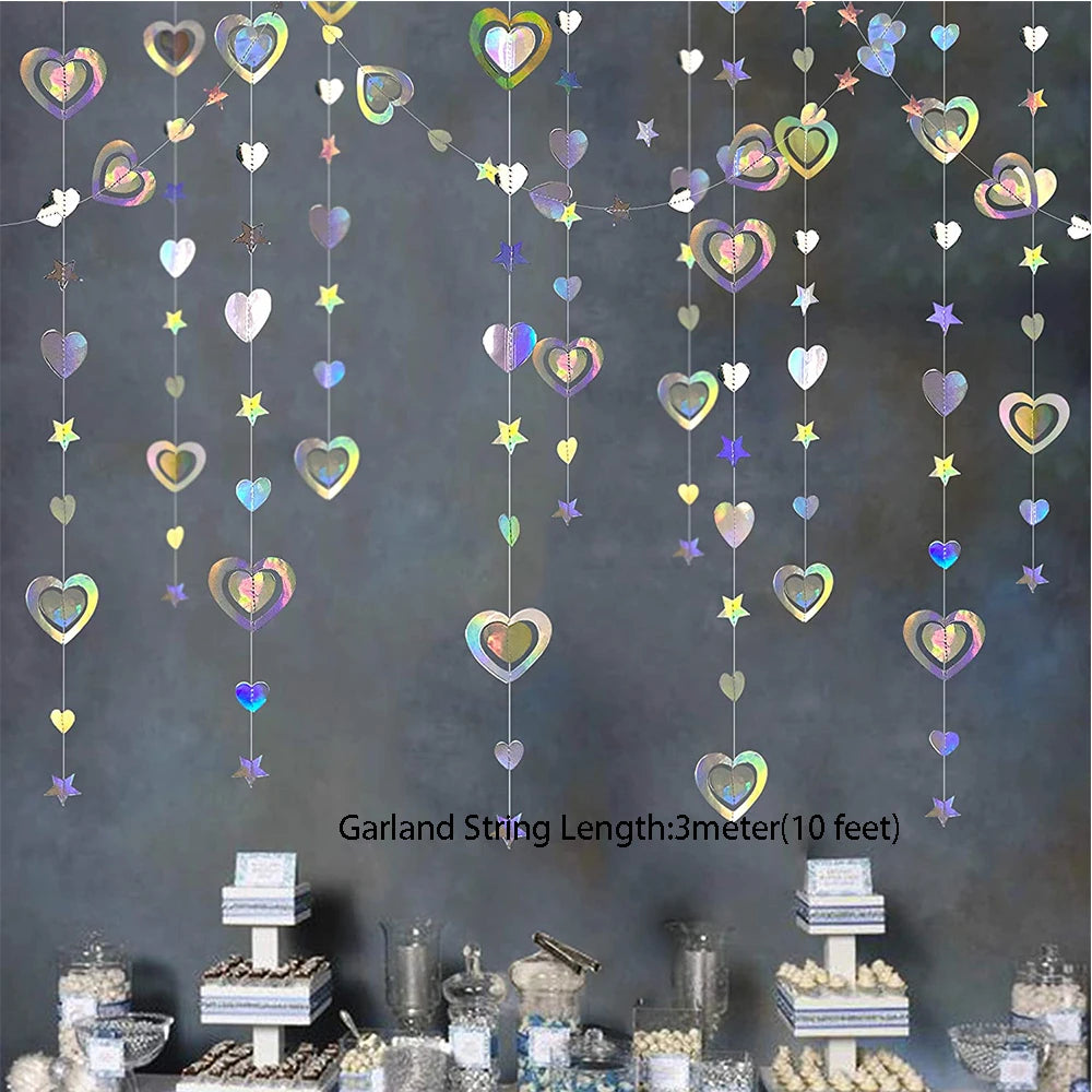 Iridescent Paper Leaf Snowflakes Garland Mermaid Birthday Tea Party Hanging Leaves Star Streamer Xmas New Year Banner Decoration