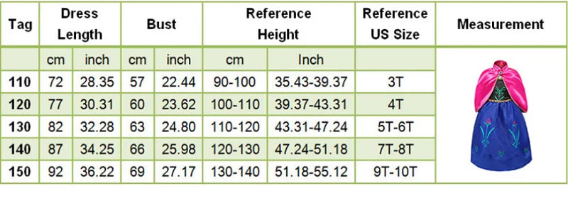 Princess Costume Girl Anna Dress 2 3 4 5 6 8 10 Years