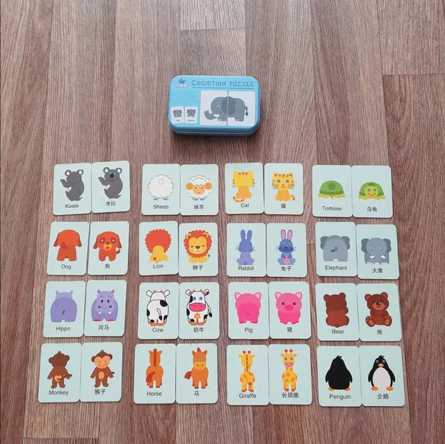 Baby Cognition Puzzle Toys Toddler Kids Iron Box Cards Matching Game Cognitive Card Car Fruit Animal Life Puzzle