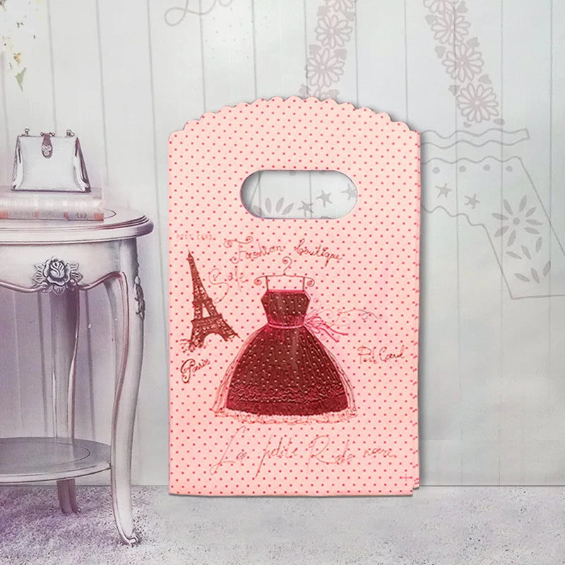 50pcs/lot Various Patterns Jewelry Plastic Bag Heart-Shaped Oval Handles Mini Gift Packing Bag Store Small Shopping Bags