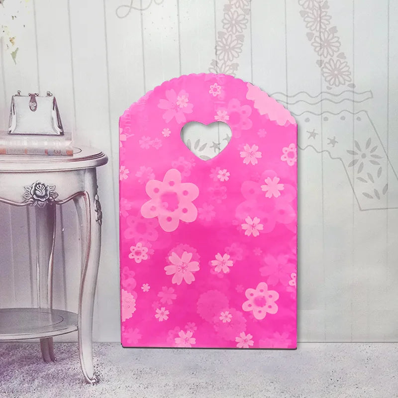 50pcs/lot Various Patterns Jewelry Plastic Bag Heart-Shaped Oval Handles Mini Gift Packing Bag Store Small Shopping Bags