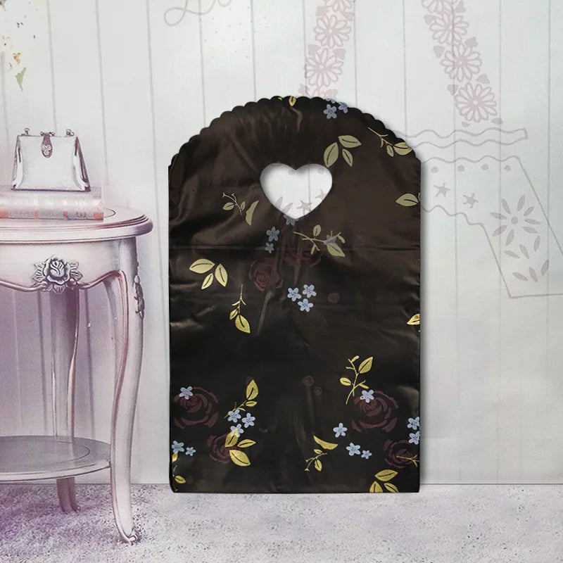 50pcs/lot Various Patterns Jewelry Plastic Bag Heart-Shaped Oval Handles Mini Gift Packing Bag Store Small Shopping Bags