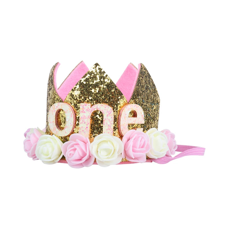 Baby Birthday Decoration Girl 1 2 3 Years Crown Hat Pink White Flower Sequins Crown 1st birthday Photo Prop Happy Birthday Gifts