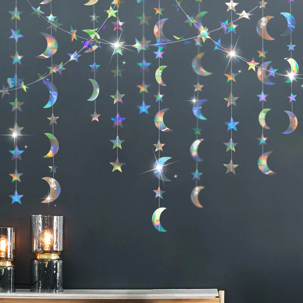 Iridescent Paper Leaf Snowflakes Garland Mermaid Birthday Tea Party Hanging Leaves Star Streamer Xmas New Year Banner Decoration