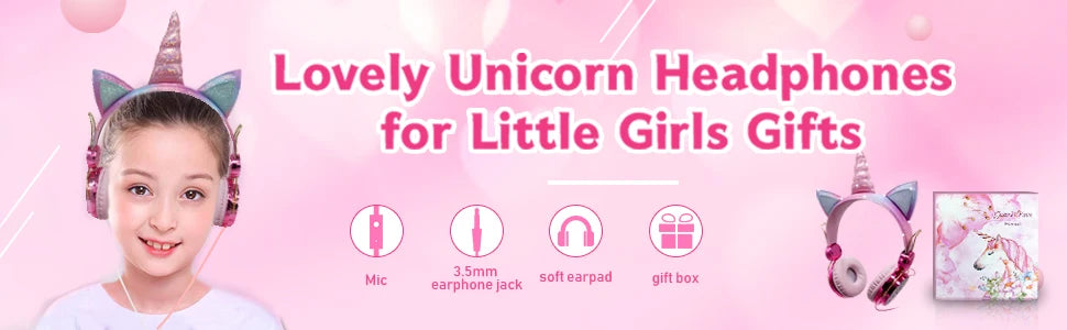 Unicorn Kids Pink Headphones for Girls Children Teens Wired Headset w/Microphonefor School Birthday Xmas Unicorn Gift