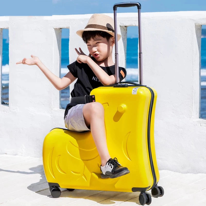 New Kids Riding Trojanl Luggage Hot Boys Girls Travel Trolley Alloy Children Sitting Rolling Luggage Suitcase Spinner Wheels
