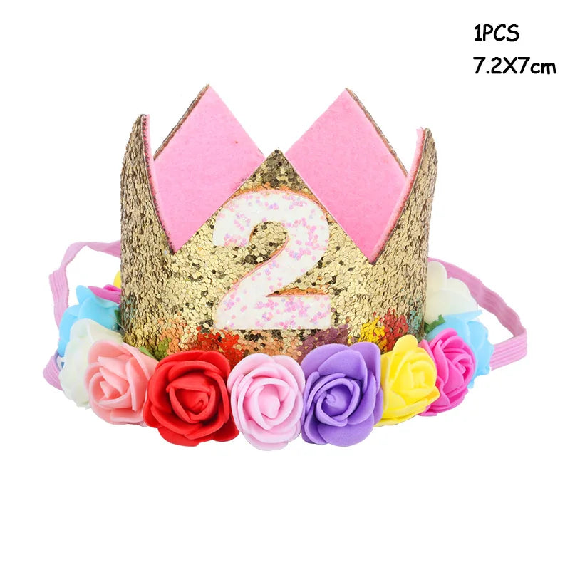 Baby Birthday Decoration Girl 1 2 3 Years Crown Hat Pink White Flower Sequins Crown 1st birthday Photo Prop Happy Birthday Gifts