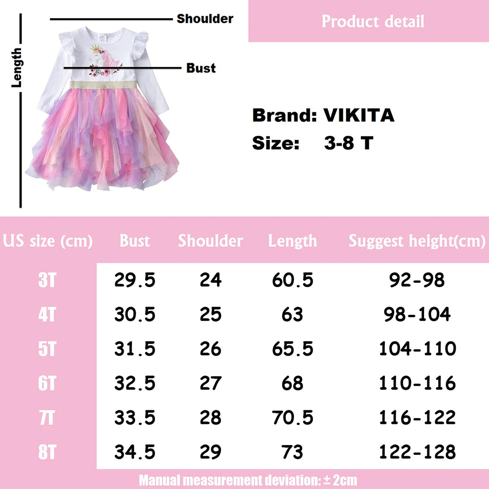 VIKITA Girl Autumn Dress Children Princess Costumes Birthday Party Unicorn Print Tulle Dresses Kids Irregular Dress 3 to 8 Yrs