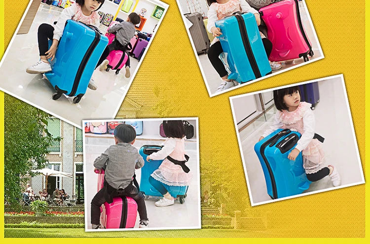New Kids Riding Trojanl Luggage Hot Boys Girls Travel Trolley Alloy Children Sitting Rolling Luggage Suitcase Spinner Wheels