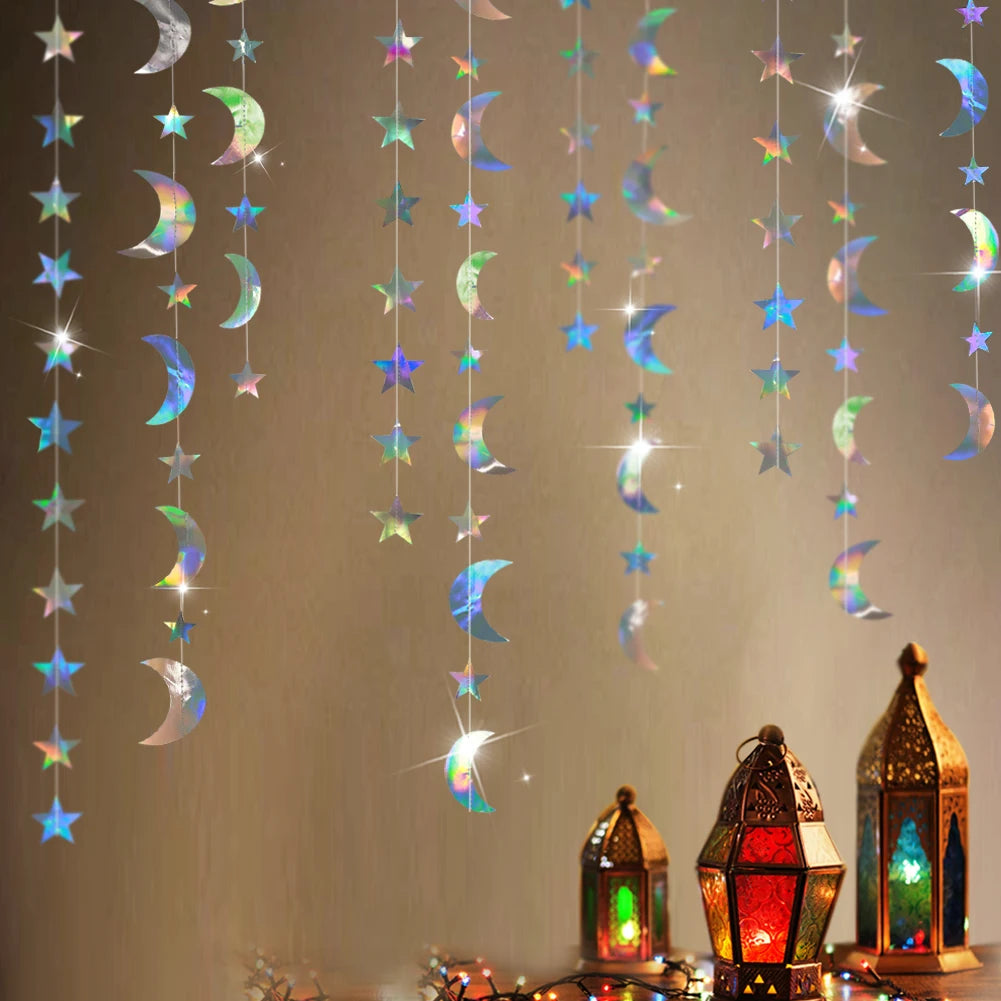 Iridescent Paper Leaf Snowflakes Garland Mermaid Birthday Tea Party Hanging Leaves Star Streamer Xmas New Year Banner Decoration