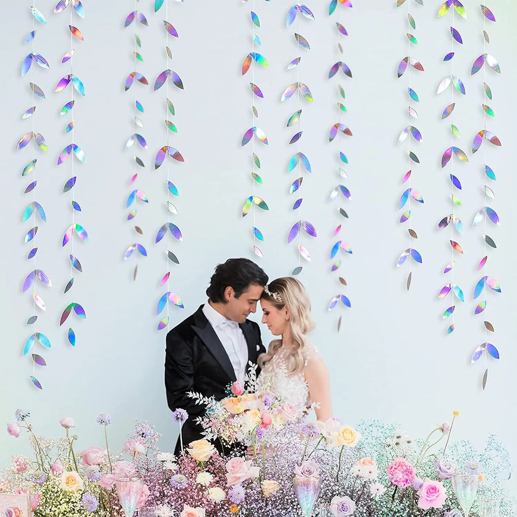 Iridescent Paper Leaf Snowflakes Garland Mermaid Birthday Tea Party Hanging Leaves Star Streamer Xmas New Year Banner Decoration