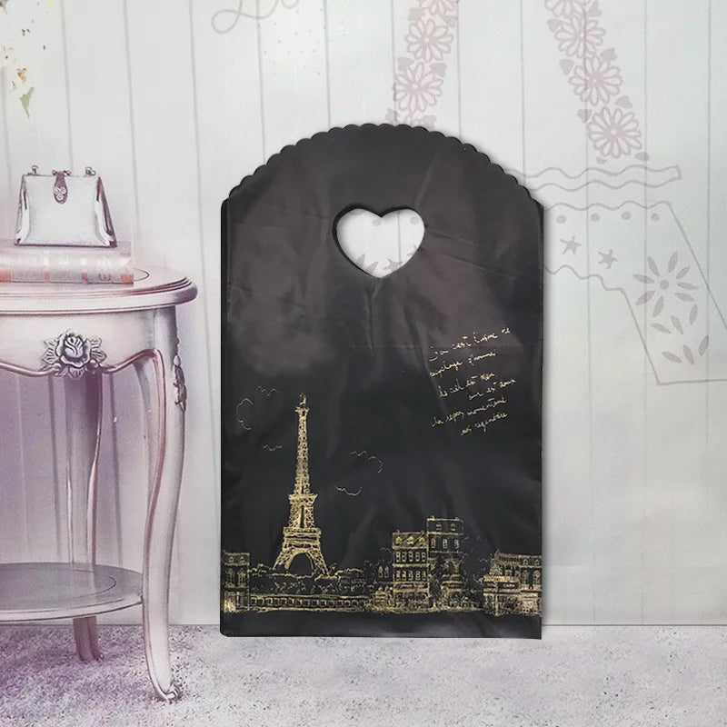 50pcs/lot Various Patterns Jewelry Plastic Bag Heart-Shaped Oval Handles Mini Gift Packing Bag Store Small Shopping Bags