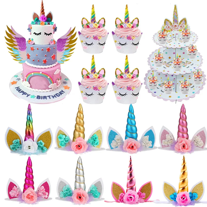 Cyuan Unicorn Birthday Cake Wings Decor Cartoon Unicorn Cake Toppers Birthday Party Decoration Kids Cupcake Wrappers Cake Topper