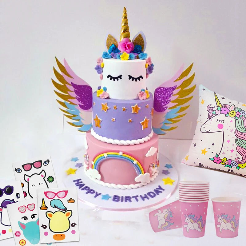 Cyuan Unicorn Birthday Cake Wings Decor Cartoon Unicorn Cake Toppers Birthday Party Decoration Kids Cupcake Wrappers Cake Topper