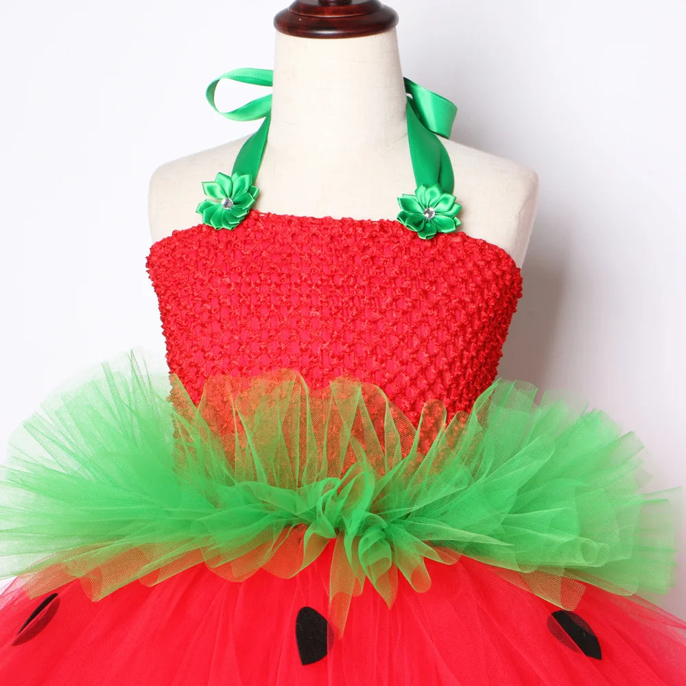Red Green Strawberry Dresses for Girls Princess Tutu Dress with Flowers Headband Toddler Kids Girl Costume for Birthday Party