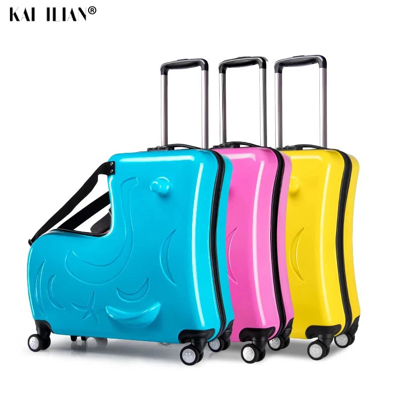 New Kids Riding Trojanl Luggage Hot Boys Girls Travel Trolley Alloy Children Sitting Rolling Luggage Suitcase Spinner Wheels