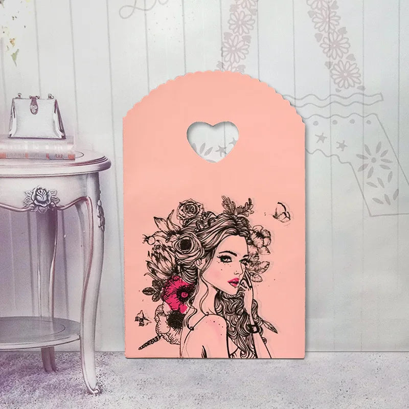 50pcs/lot Various Patterns Jewelry Plastic Bag Heart-Shaped Oval Handles Mini Gift Packing Bag Store Small Shopping Bags