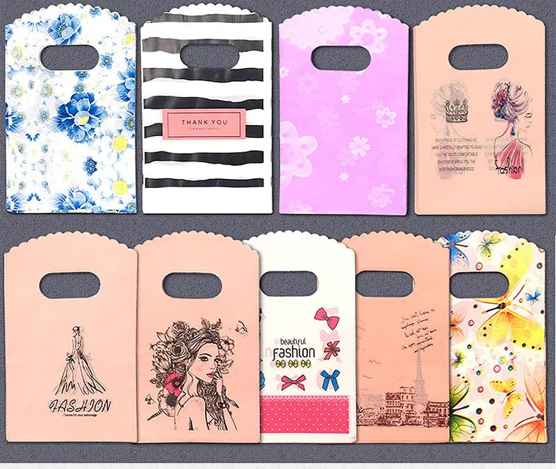 50pcs/lot Various Patterns Jewelry Plastic Bag Heart-Shaped Oval Handles Mini Gift Packing Bag Store Small Shopping Bags