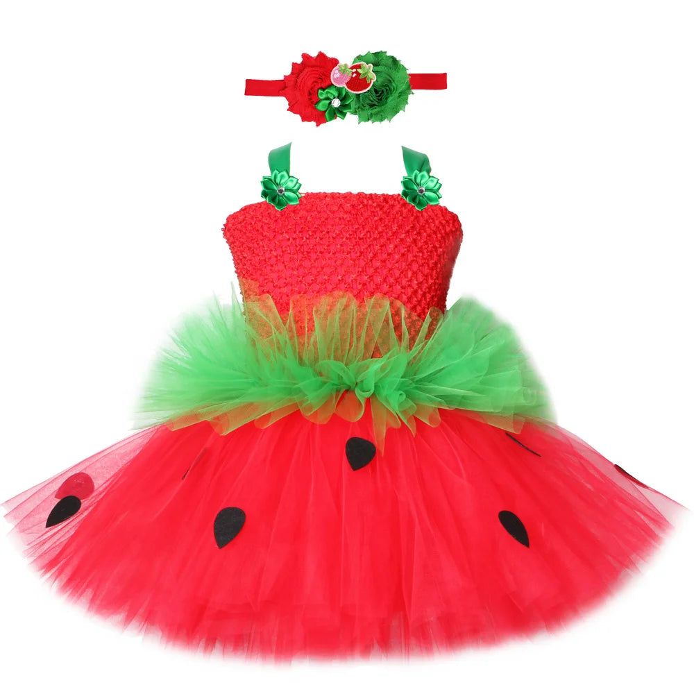 Red Green Strawberry Dresses for Girls Princess Tutu Dress with Flowers Headband Toddler Kids Girl Costume for Birthday Party