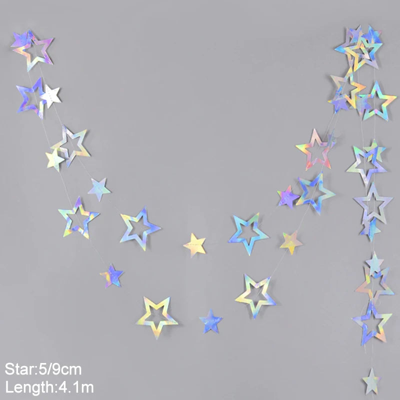 Iridescent Paper Leaf Snowflakes Garland Mermaid Birthday Tea Party Hanging Leaves Star Streamer Xmas New Year Banner Decoration