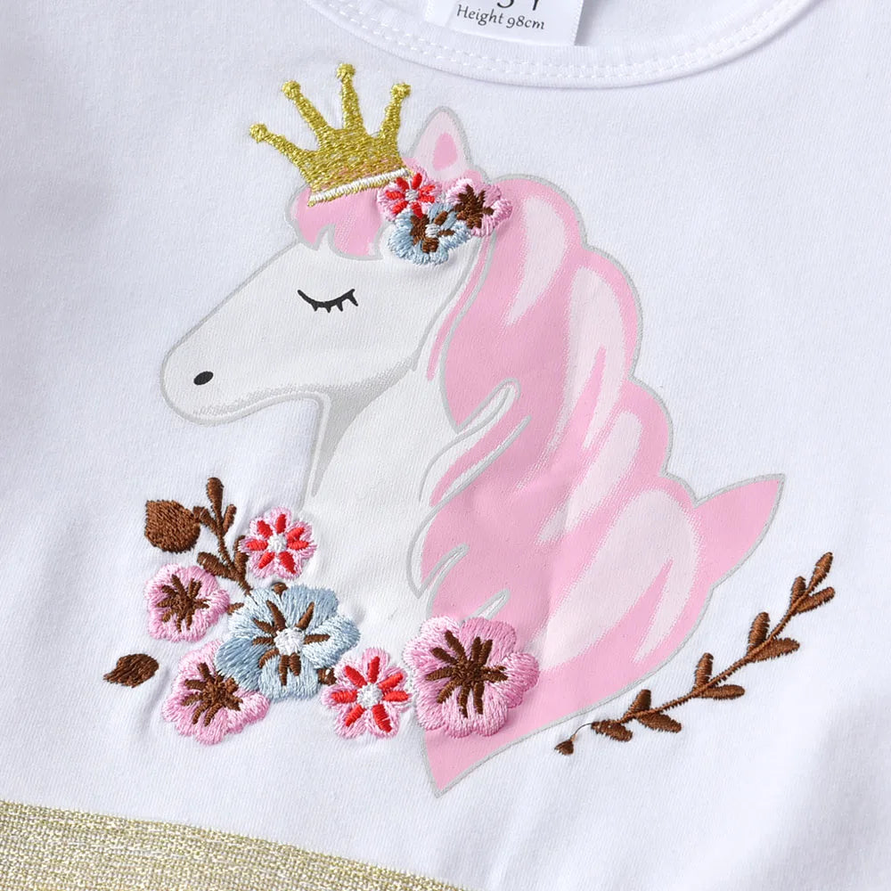 VIKITA Girl Autumn Dress Children Princess Costumes Birthday Party Unicorn Print Tulle Dresses Kids Irregular Dress 3 to 8 Yrs