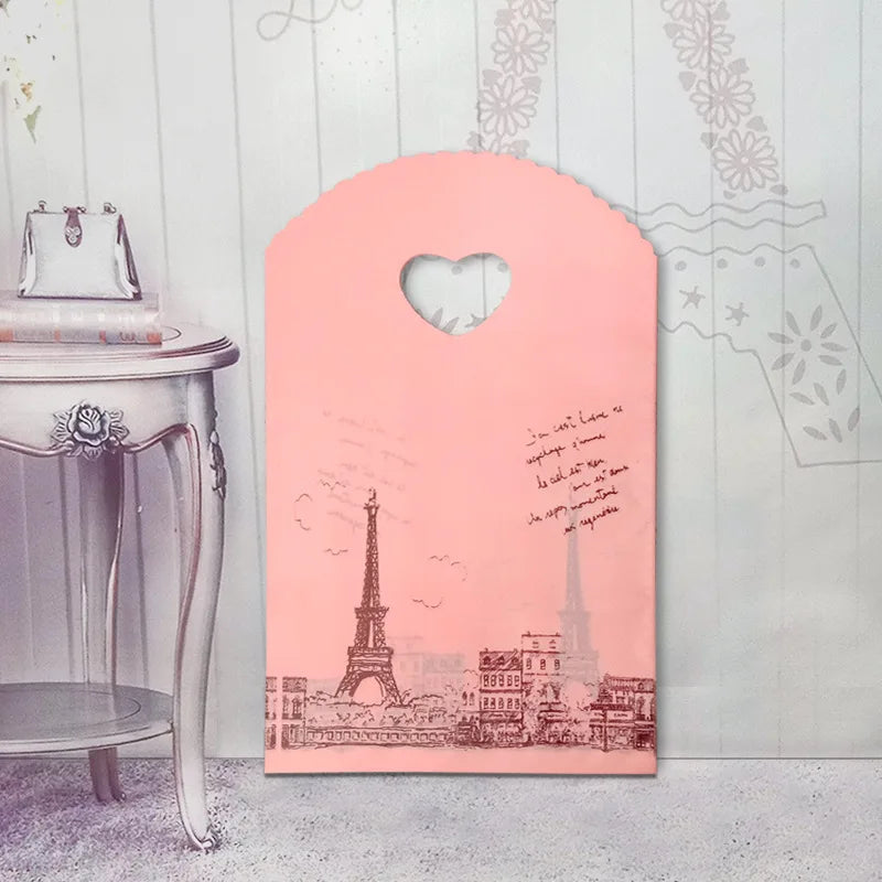 50pcs/lot Various Patterns Jewelry Plastic Bag Heart-Shaped Oval Handles Mini Gift Packing Bag Store Small Shopping Bags