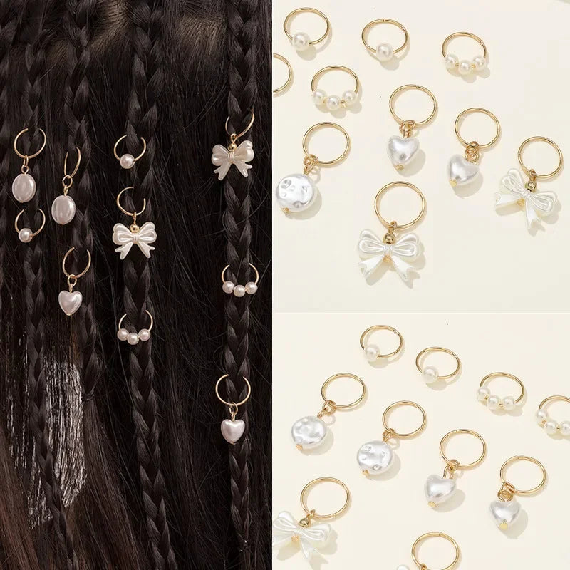 10pcs Hair Charms Metal Pearl Love Bow Hair for Braids Dreadlock Braid Clips Beads Hair Cuffs Clips for Women Girls