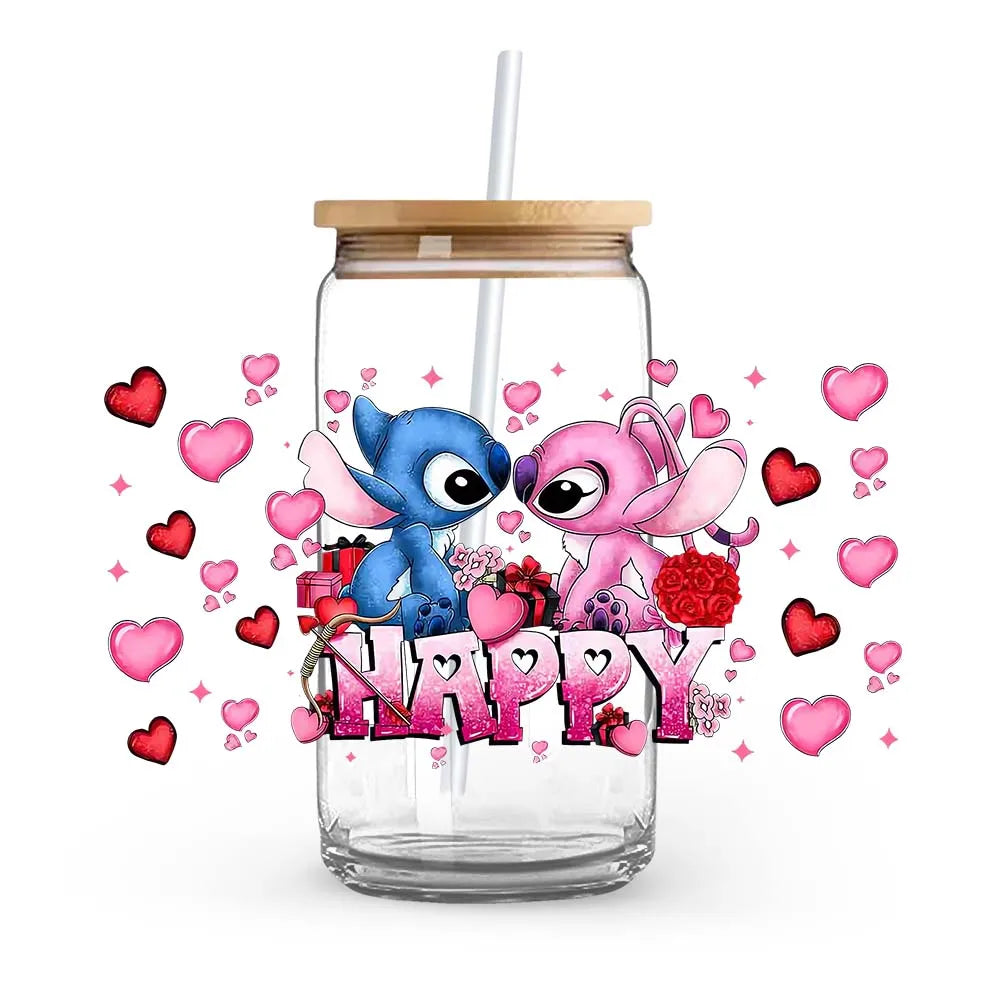Stitch Love Cartoon Anime Stickers Romantic UV DTF Transfer Sticker Self-Adhesive Individualized Cup Adornments