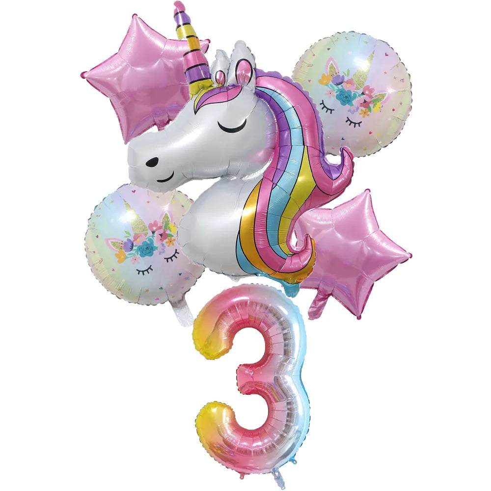 6pcs Rainbow Unicorn Balloon 32 Inch Number Foil Balloons 1st Kids Unicorn Theme Birthday Party Decorations Baby Shower Globos