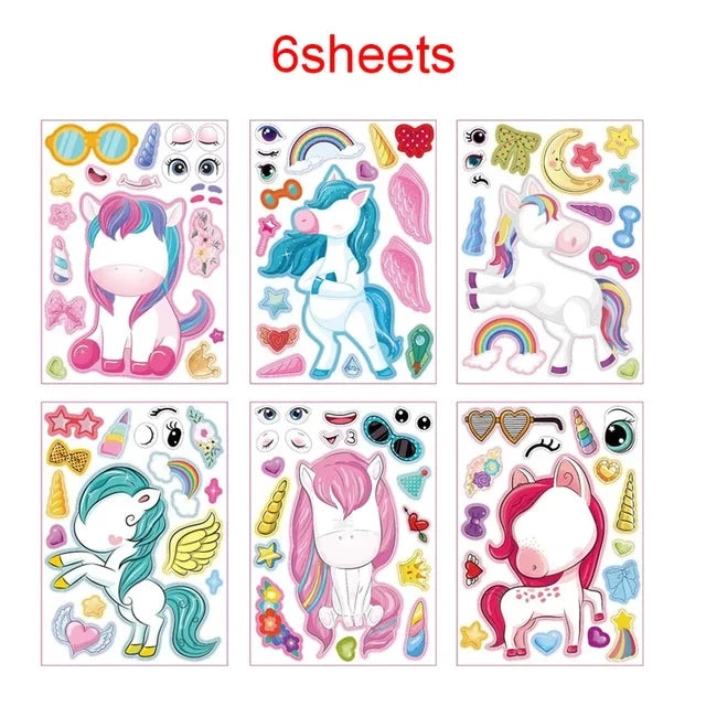 6/12Sheets Cartoon Unicorn Make A Face Assemble DIY Sticker Girls Unicorn Birthday Party Decoration Supplies Gifts for guests