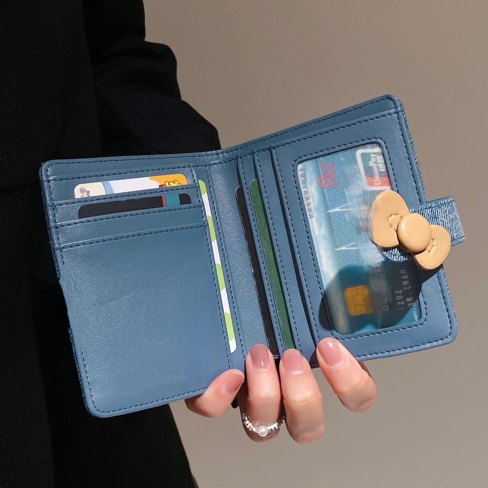 Cute Hello Kitty Denim Mini Portable Bag Cartoon Anime Embroidery Coin Card Passport Holder