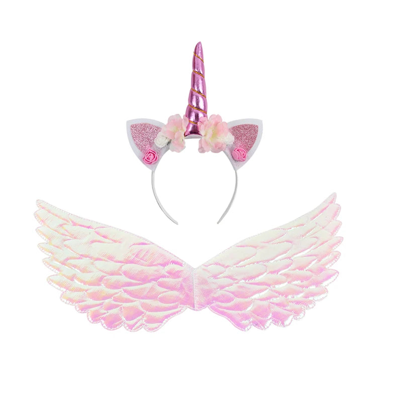 Unicorn Headband Girls' Fairy Rainbow Wings Flowers Headwear Accessory Unicorn Birthday Party Decoration Princess Dress Up Toys