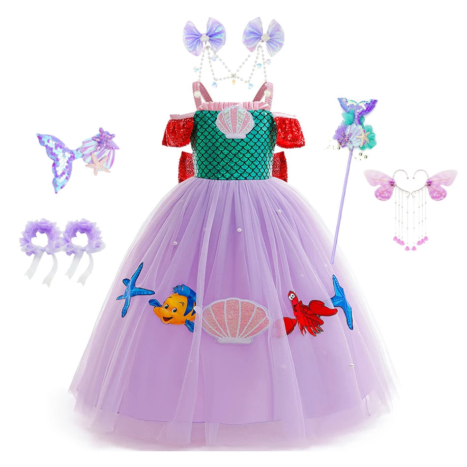 Mermaid Princess Girl Dress Movie Style Costume Kids Stage Costume Girls Fish Scale Decoration Sequins Big Bow Tutu Gown