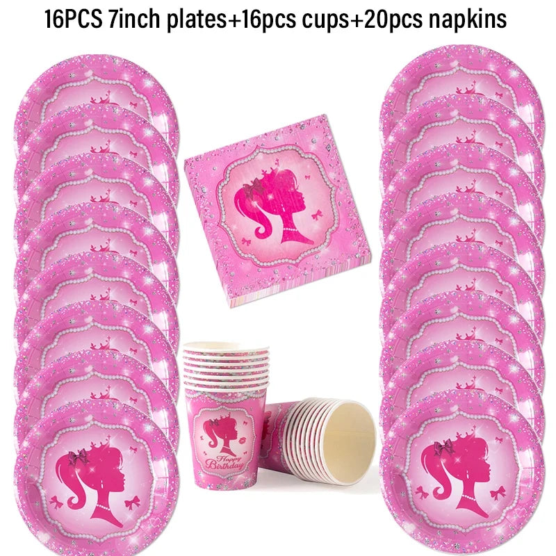 Princess Birthday Party Tableware Pink Paper Plate Cup Napkin Princess Kids Girl Birthday Party Decor Baby Shower Supplies